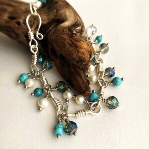 Cluster Bracelet with Turquoise, Pearls, and Crystals. Chain with Dangle Gem